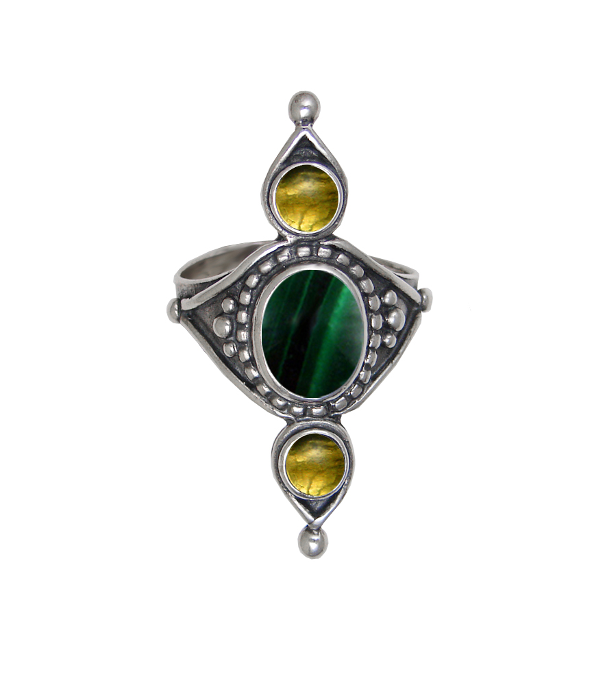 Sterling Silver Royal Ring With Malachite And Citrine Size 10